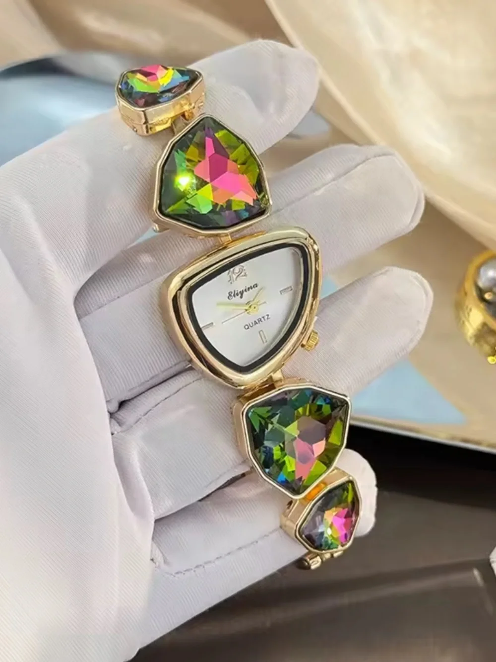 Anthropologie Gold Watch with Iridescent Green-Pink Gemstones
